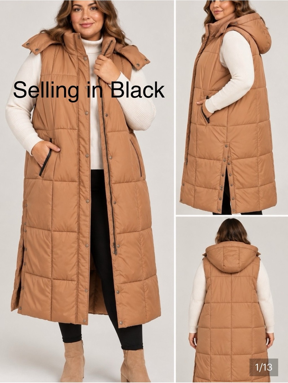 Black Bagatelle Long Quilted Puffer Vest (pictured in tan) -2X